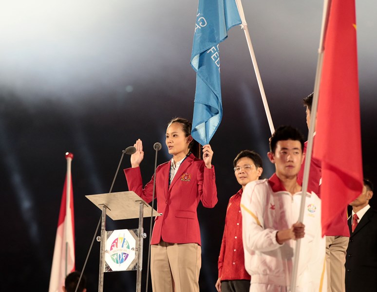 28th SEA Games Singapore 2015 - National Stadium, Singapore - 5/6/15 Opening Ceremony - Athlete's Oath - Micky Lin takes the oath TEAMSINGAPORE SEAGAMES28 Mandatory Credit: Singapore SEA Games Organising Committee / Action Images via Reuters